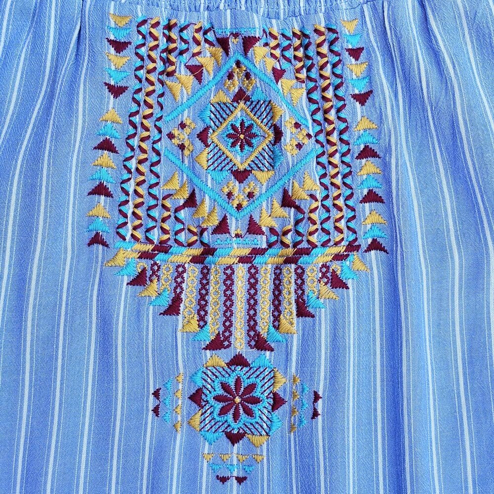 Andree by UNIT Dress. Blue White Striped Colorful Southwestern Embroidery Size M - Picture 13 of 15